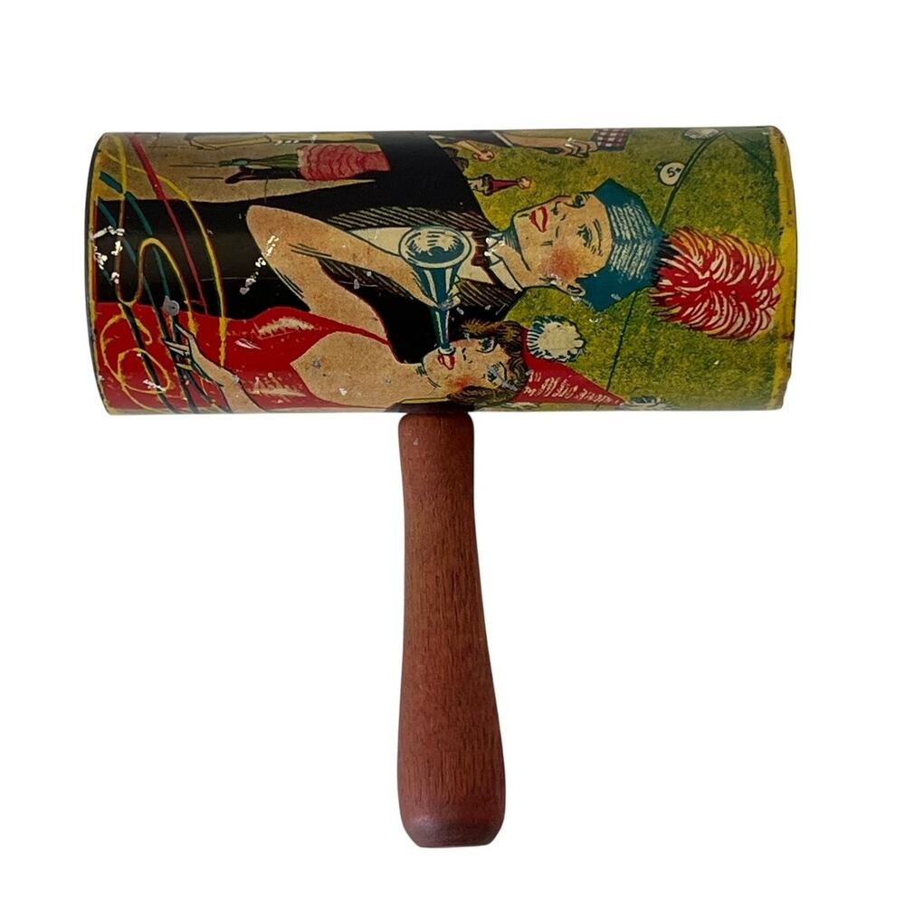 Vintage Tin Litho New Years Eve Noisemaker Ratchet Rattle Wood Handle Party